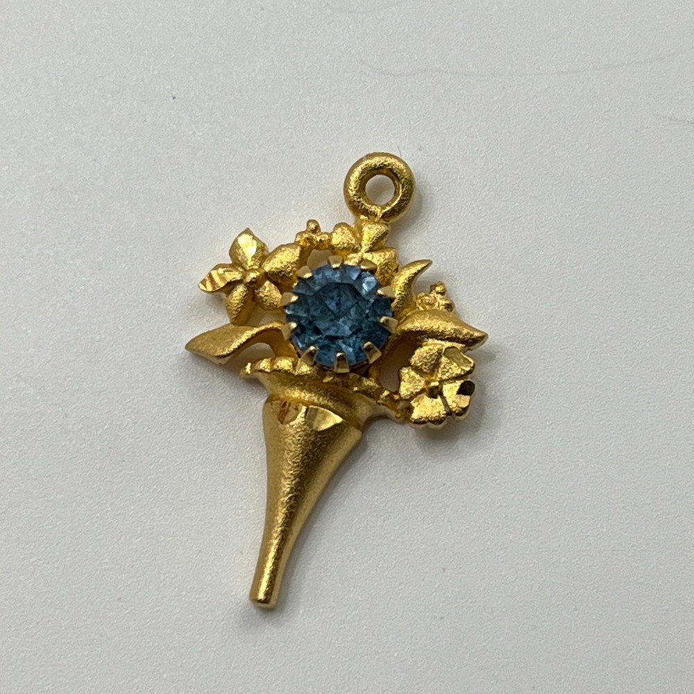 Vintage Gold Tone Floral Bouquet Pendant Blue Rhinestone Charm Cornucopia